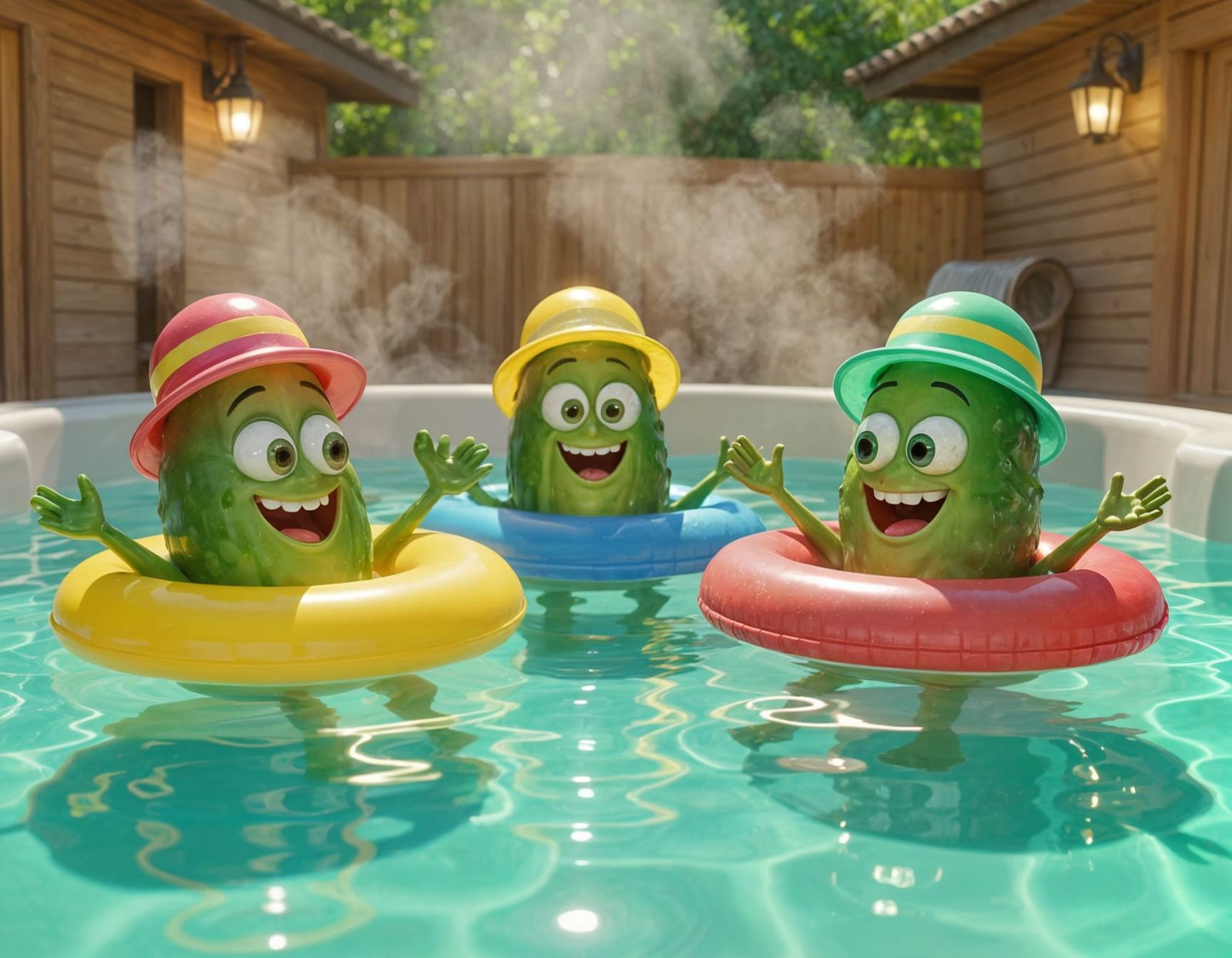 Smiling Pickles in Hot Tub, Pixar-Style