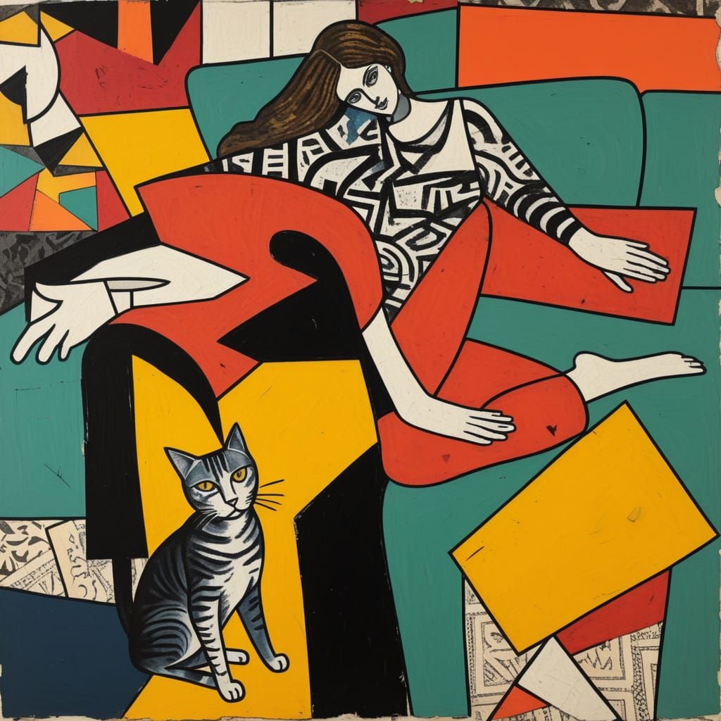 Collage Portrait of Girl and Cat in Modernist Fine Art Style