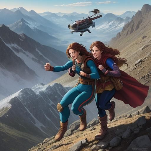 Women Climbing Mountain in Comic Book Style
