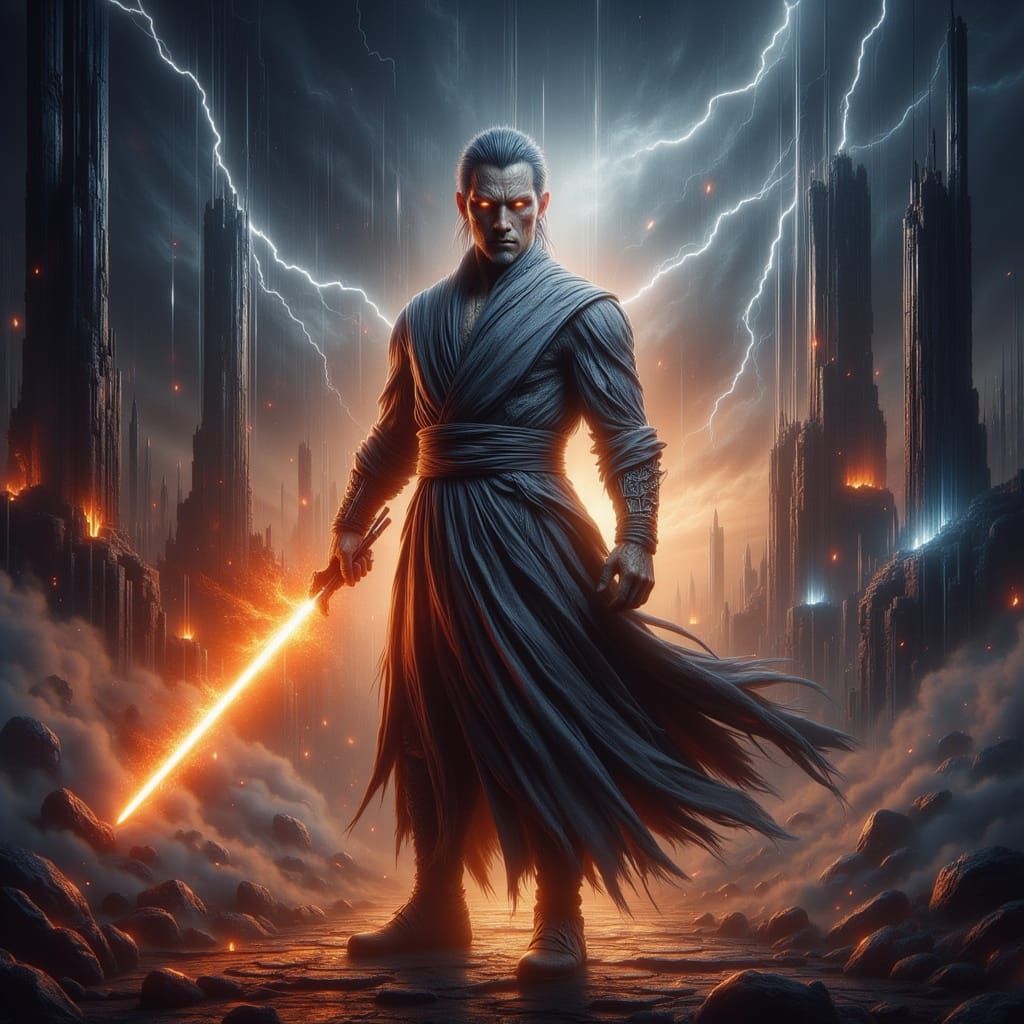 Rogue Force User Wields Orange Lightsaber in Storm