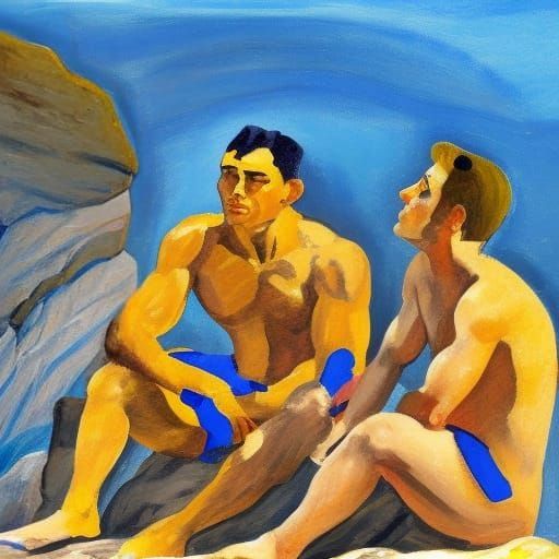 young handsome muscular men bathing near rocks, yellow and b...
