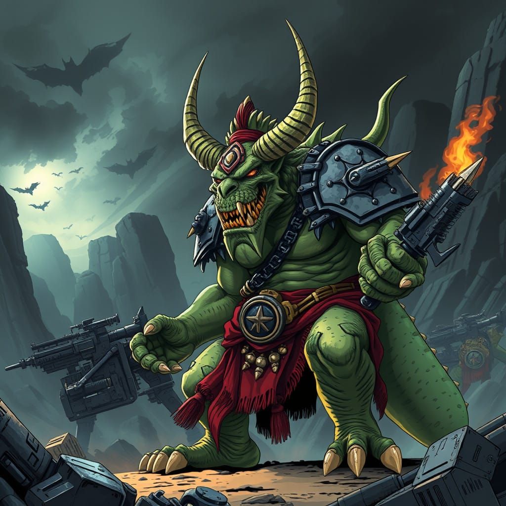 Cyberpunk Warlord with Reptilian Horns in Dark Military Base