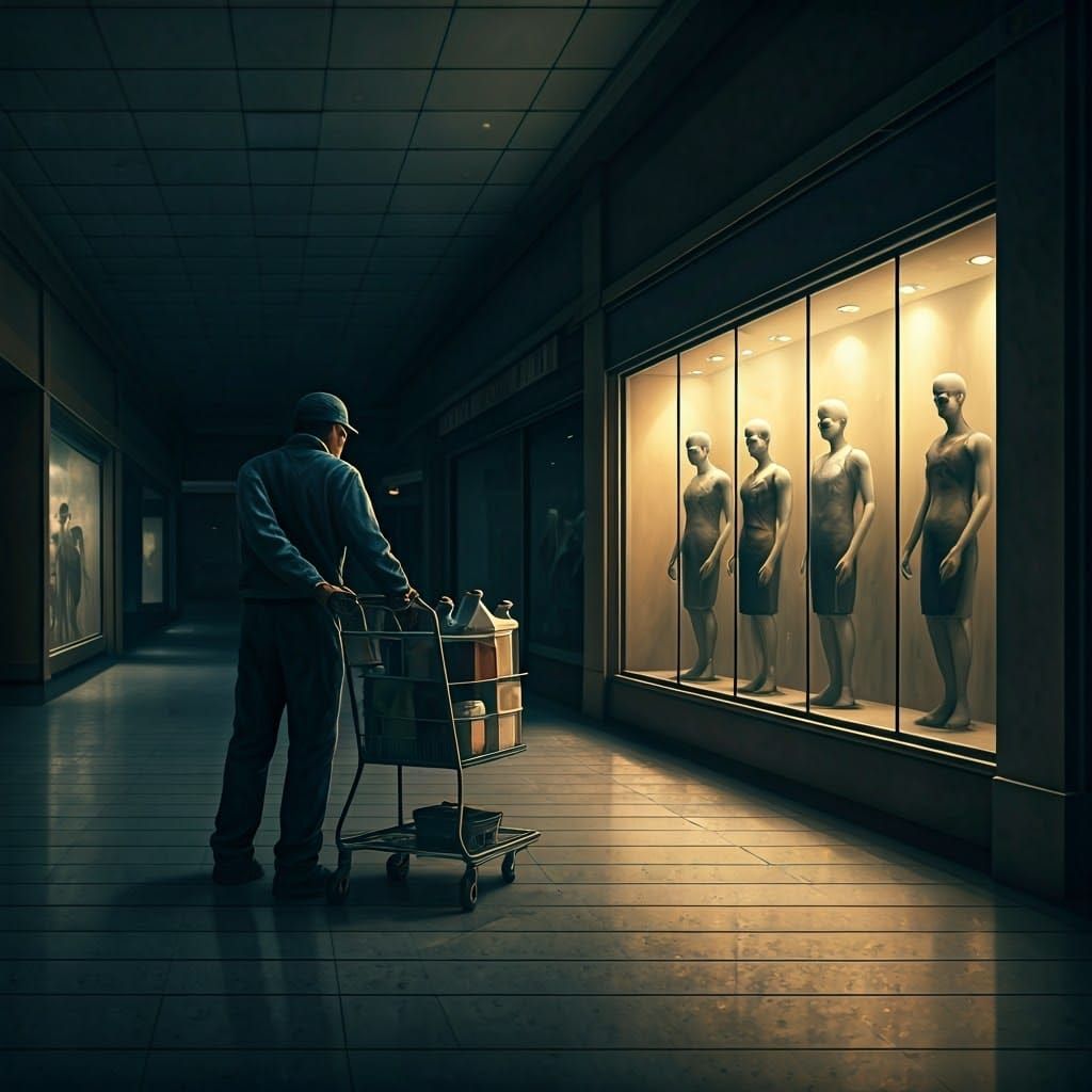 Eerie Mall Janitor Watched by Mannequins