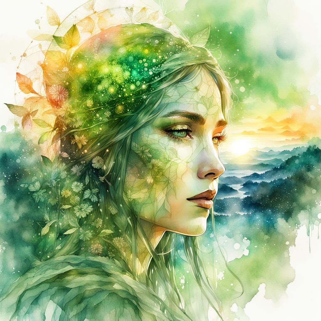 Green Elf Woman at Sunset in Watercolor Style