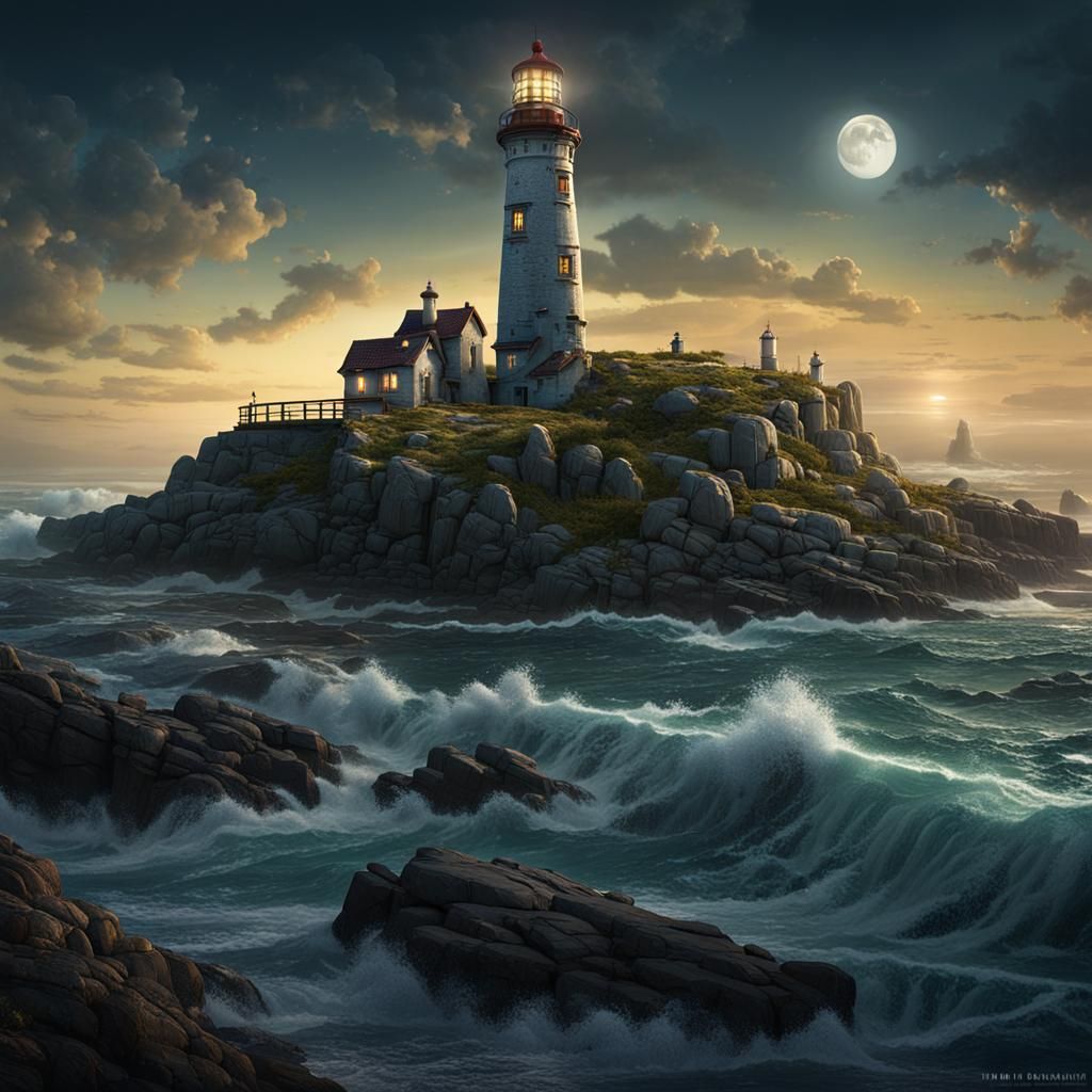 Moonlit Lighthouses on Rugged Island Shore