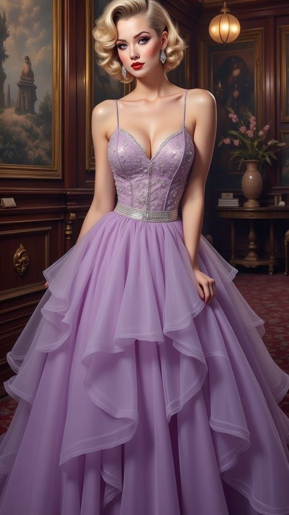 Glamorous Woman in Elegant Purple Ball Gown with Ruffles and...