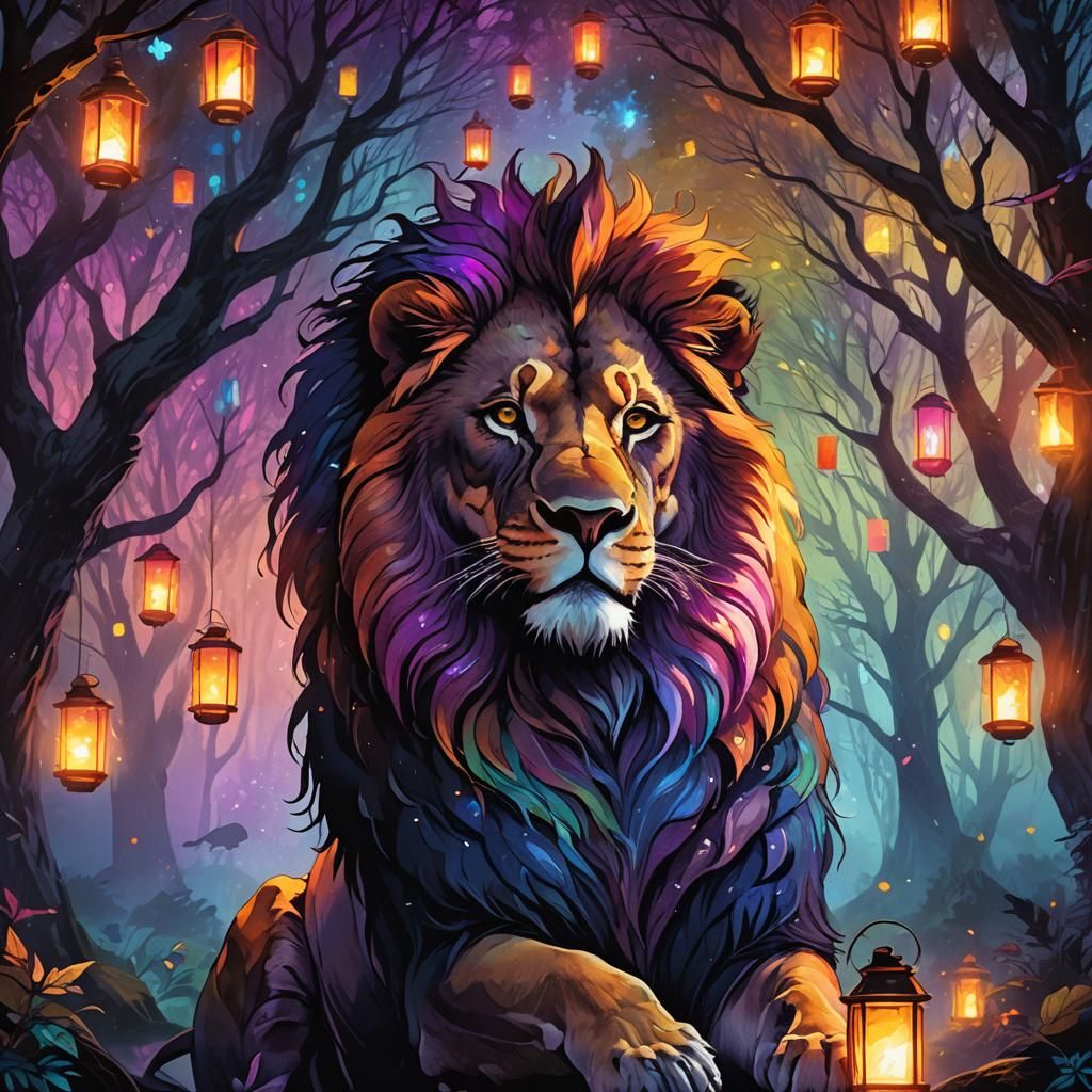 Rainbow Lion in Dark Forest Concept Art
