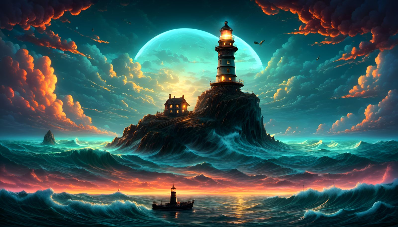 Lighthouse Amidst Swirling Clouds as Fantasy Art