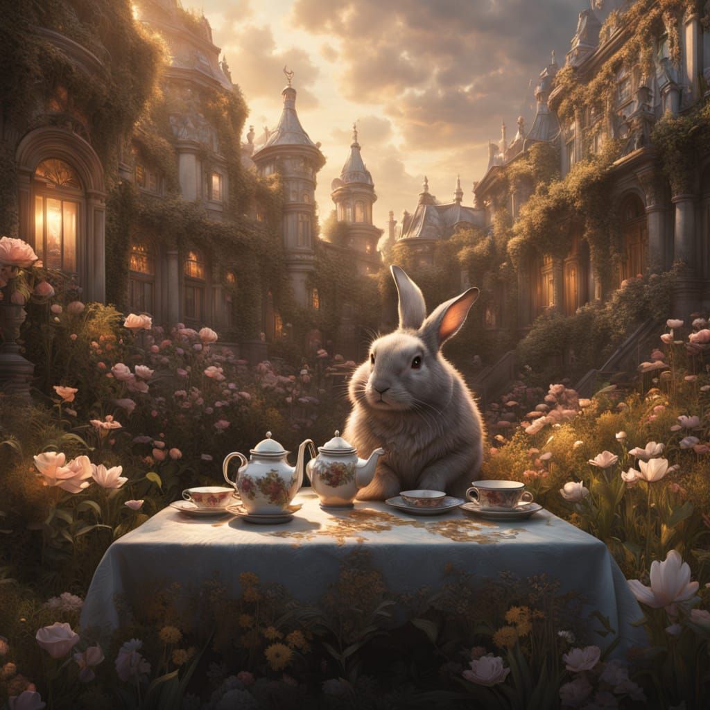 Whimsical Bunny Hosts Lavish Tea Party in Enchanted Garden
