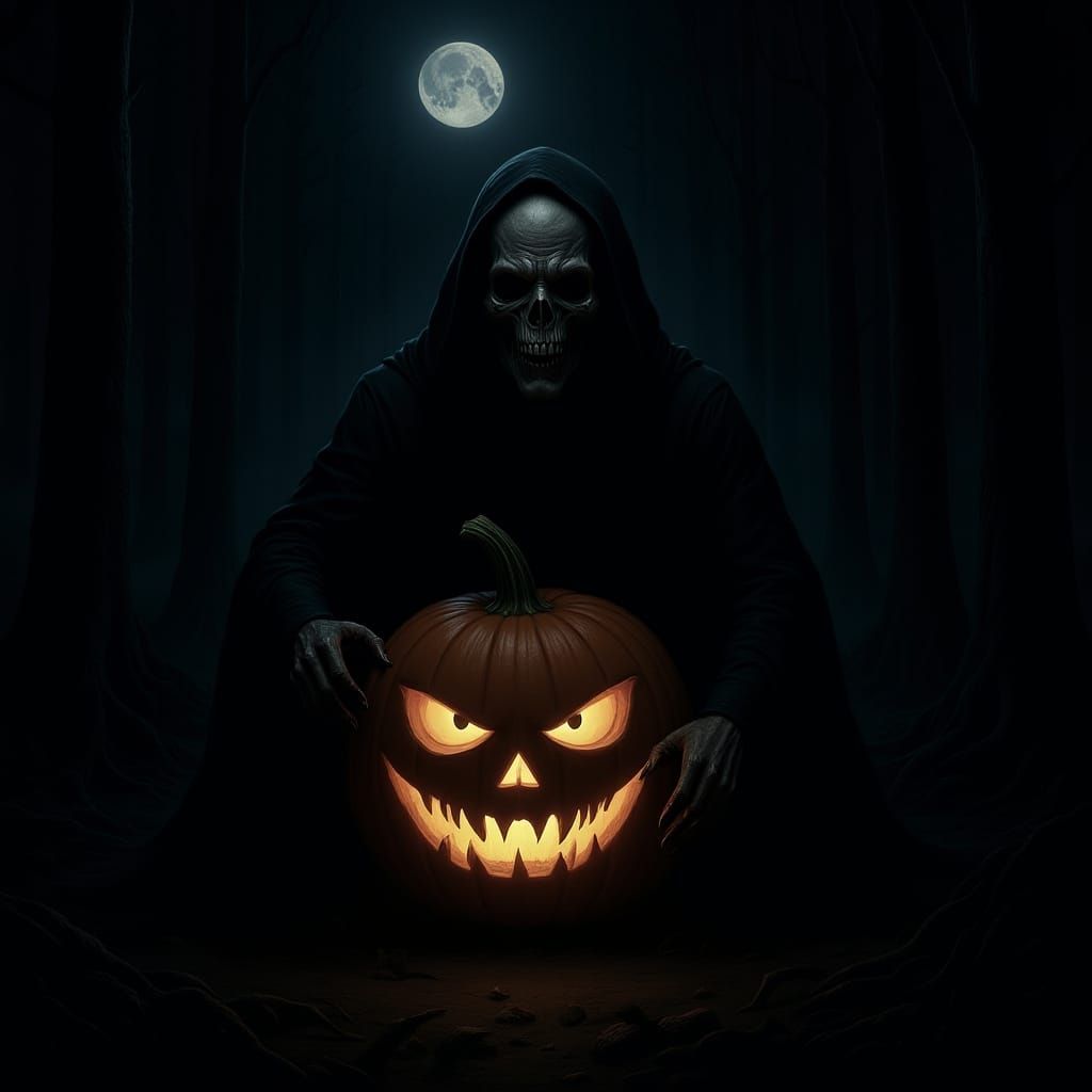 Ghostface Emerges from Pumpkin in Foggy Forest