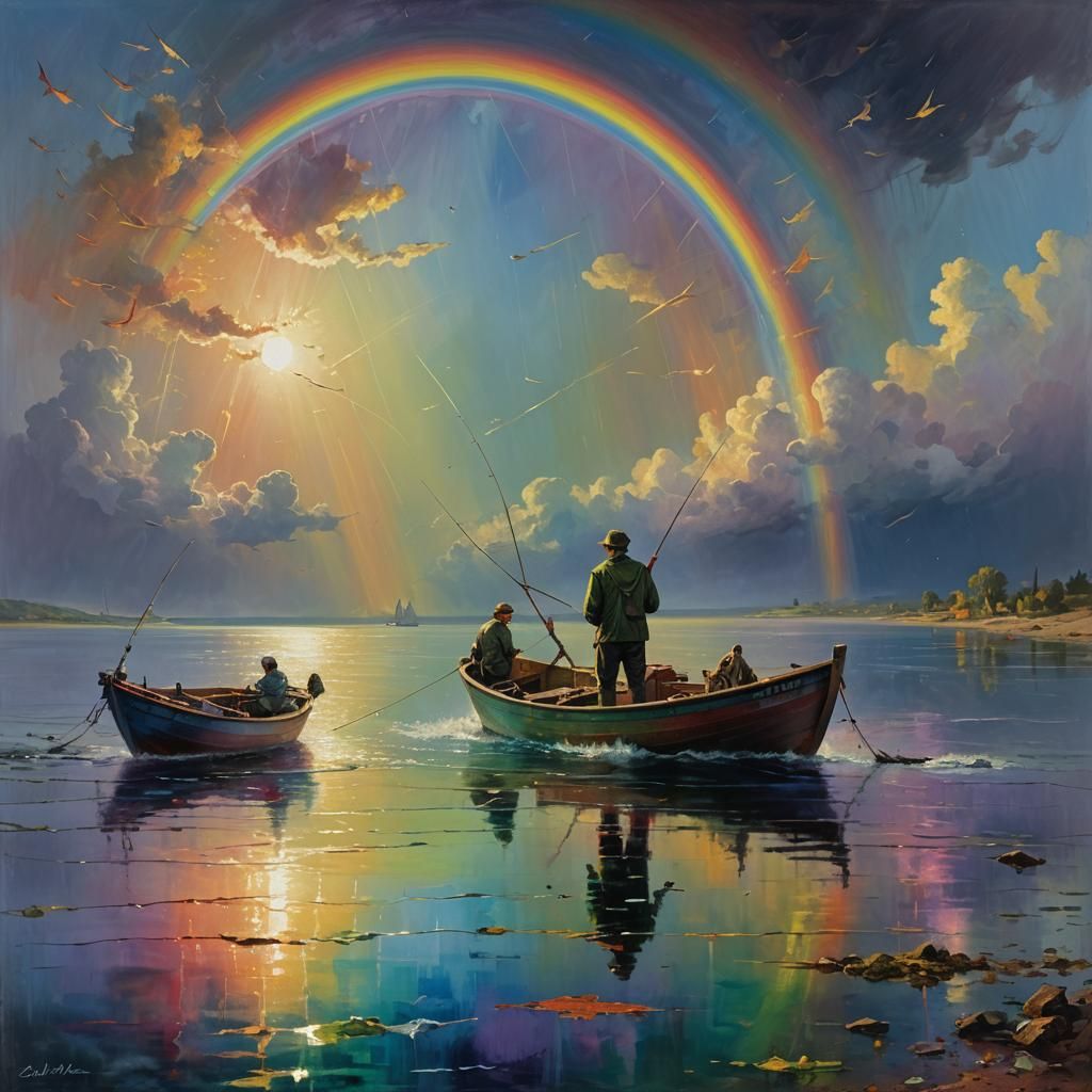 Fantasy Fisherman Under Rainbow, Cinematic Matte Painting