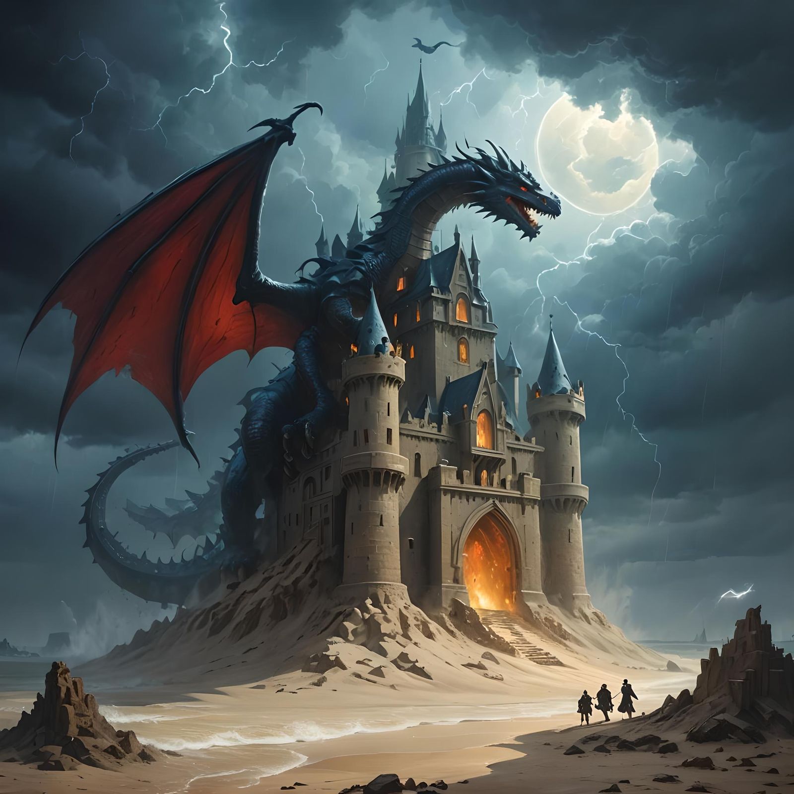 Giant Gothic Sandcastle Guarded by Dragon Painting