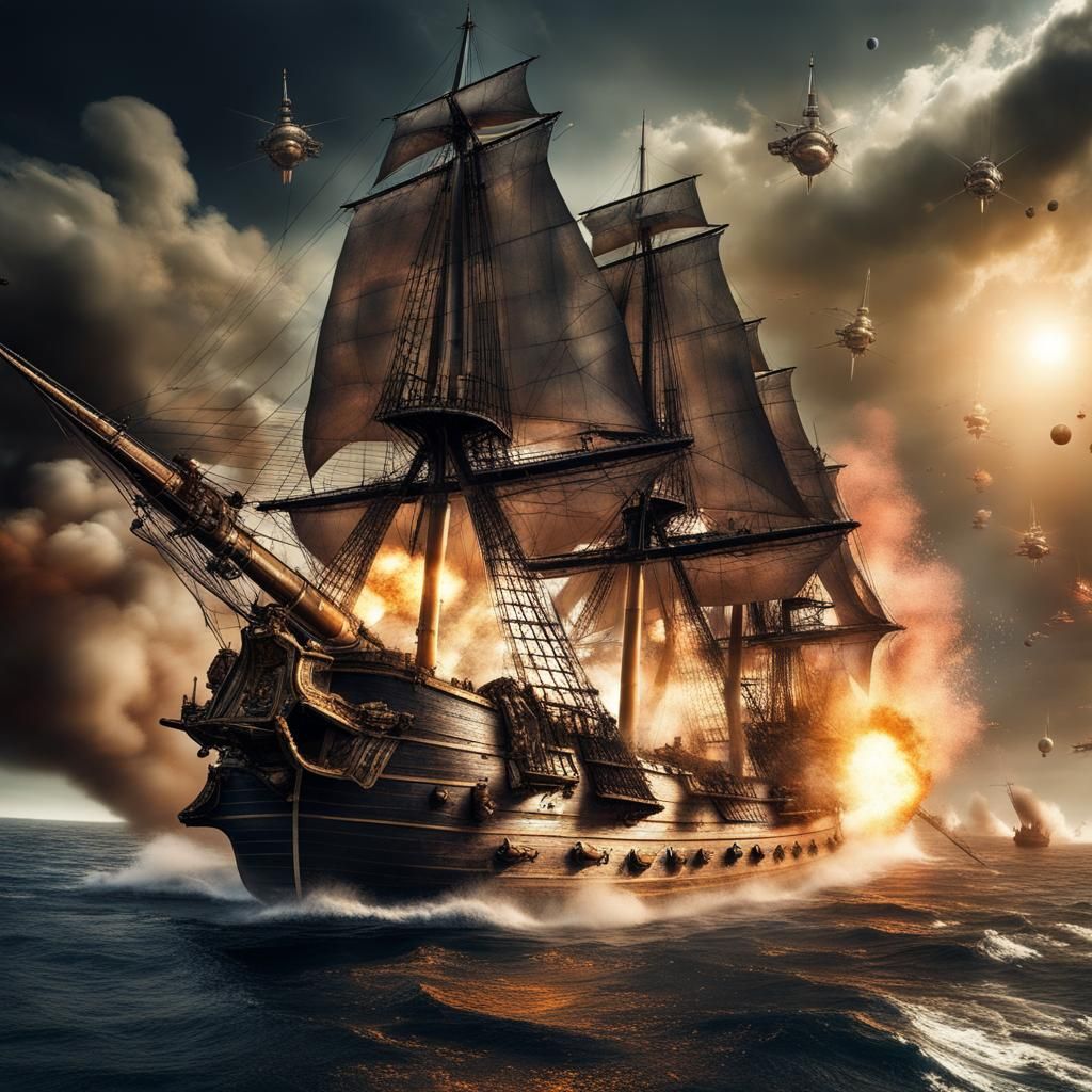 Pirate Rocket Ships Battle British Fleet in Space