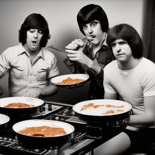 1970s rock band eating lasagna