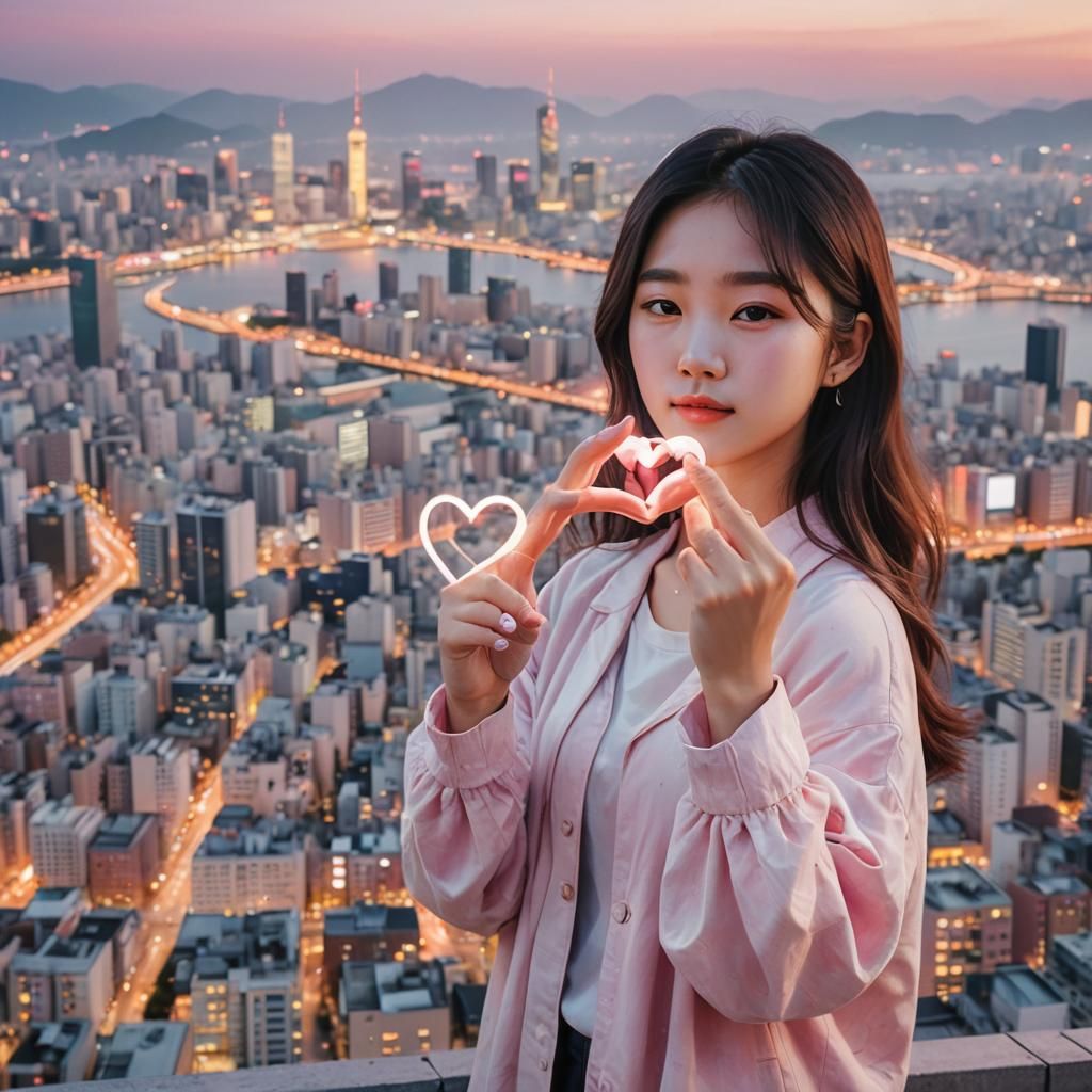 Korean Woman Portrait with Heart Gesture in Seoul