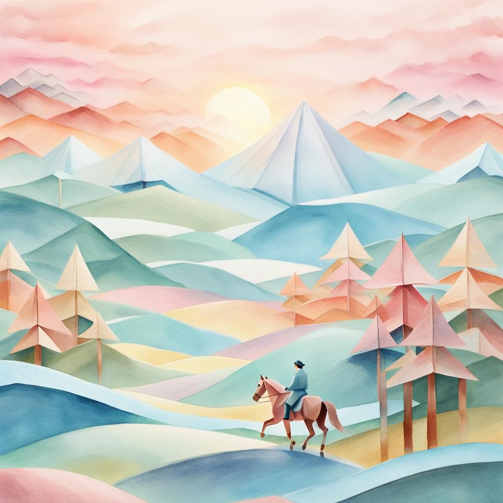 Serene Landscape: Horse Rider in Watercolor Style