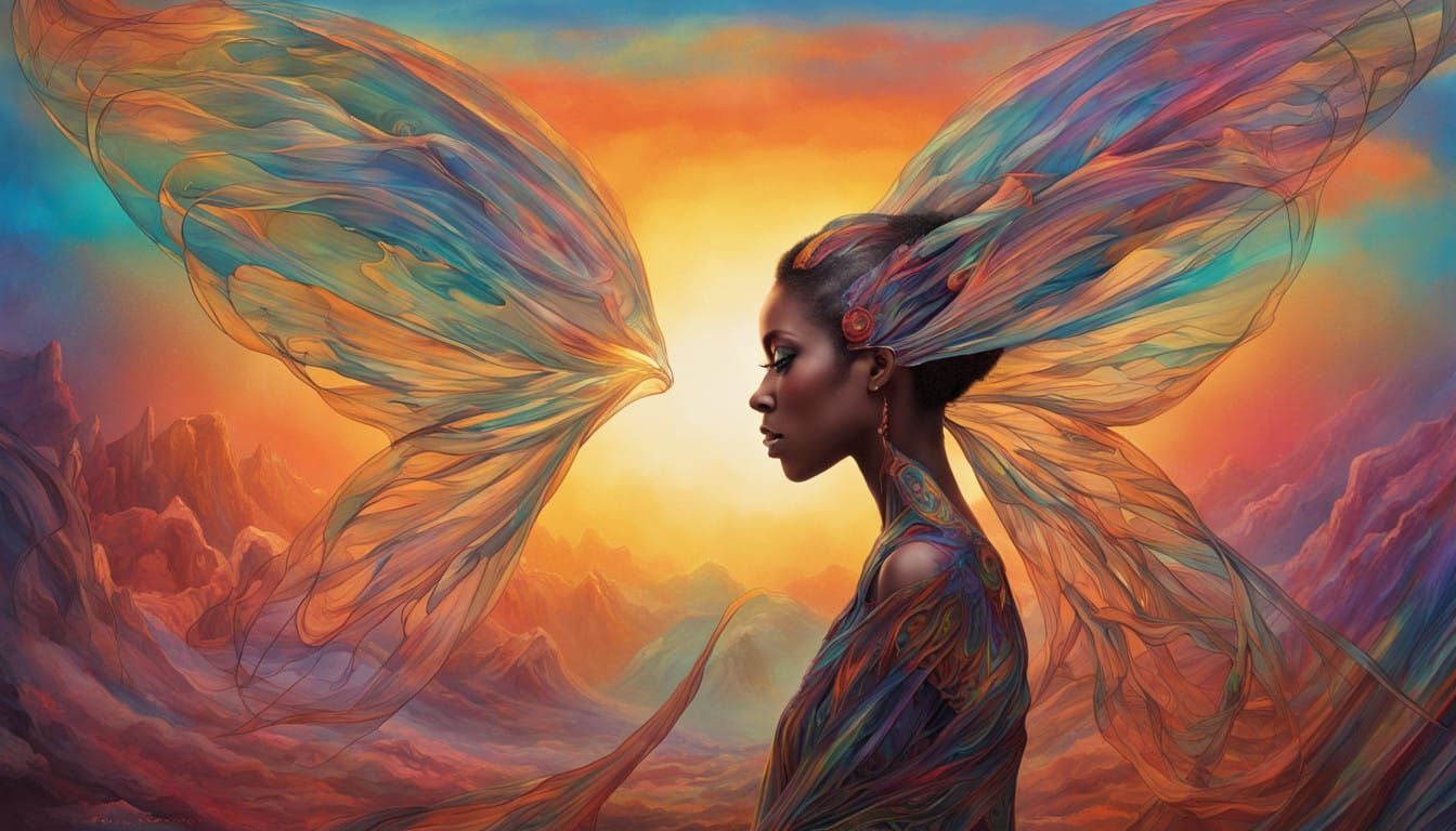 Surreal Bio Art Goddess with Rainbow Wings and Glowing Music...