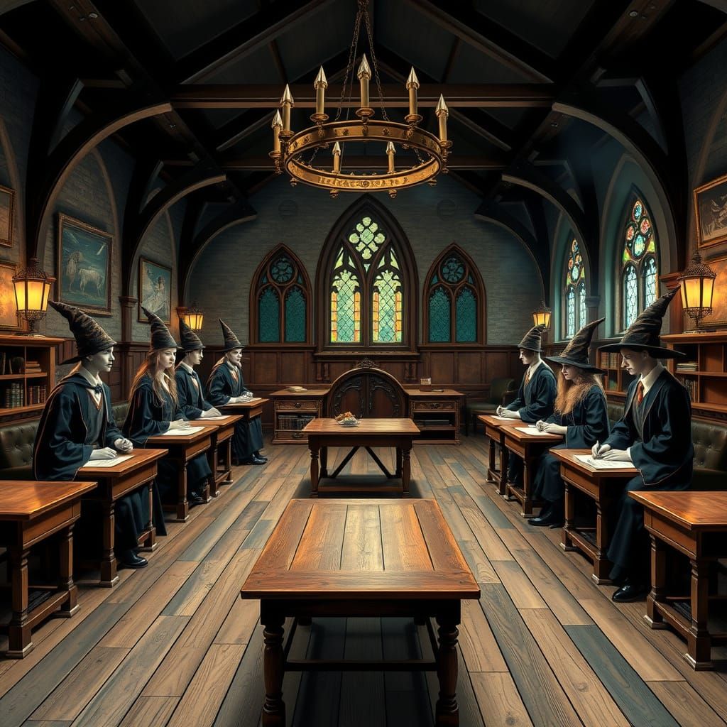 Hogwarts Classroom Scene with Witches, Wizards, and Warlocks