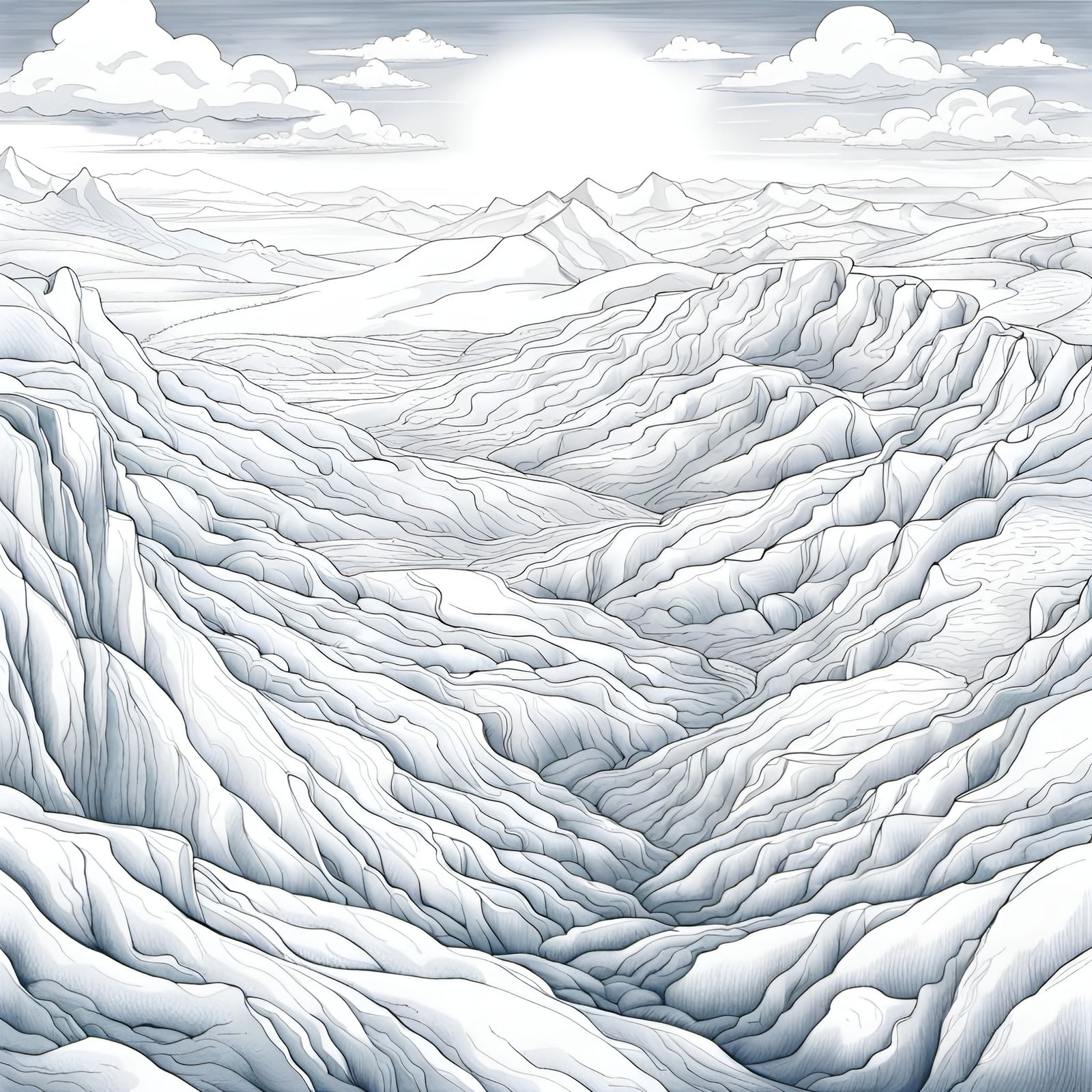 Icy Tundra: Desolate Monochrome Line Art