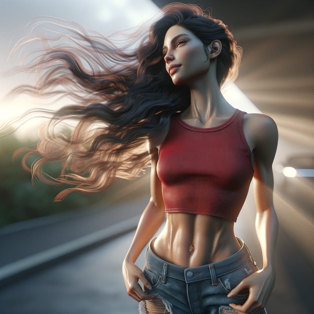 Brunette with Floating Hair in Realistic Lighting