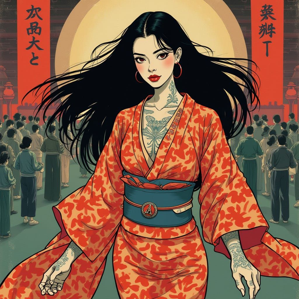 Japanese Woman in Kabuki Theater with Risograph Style