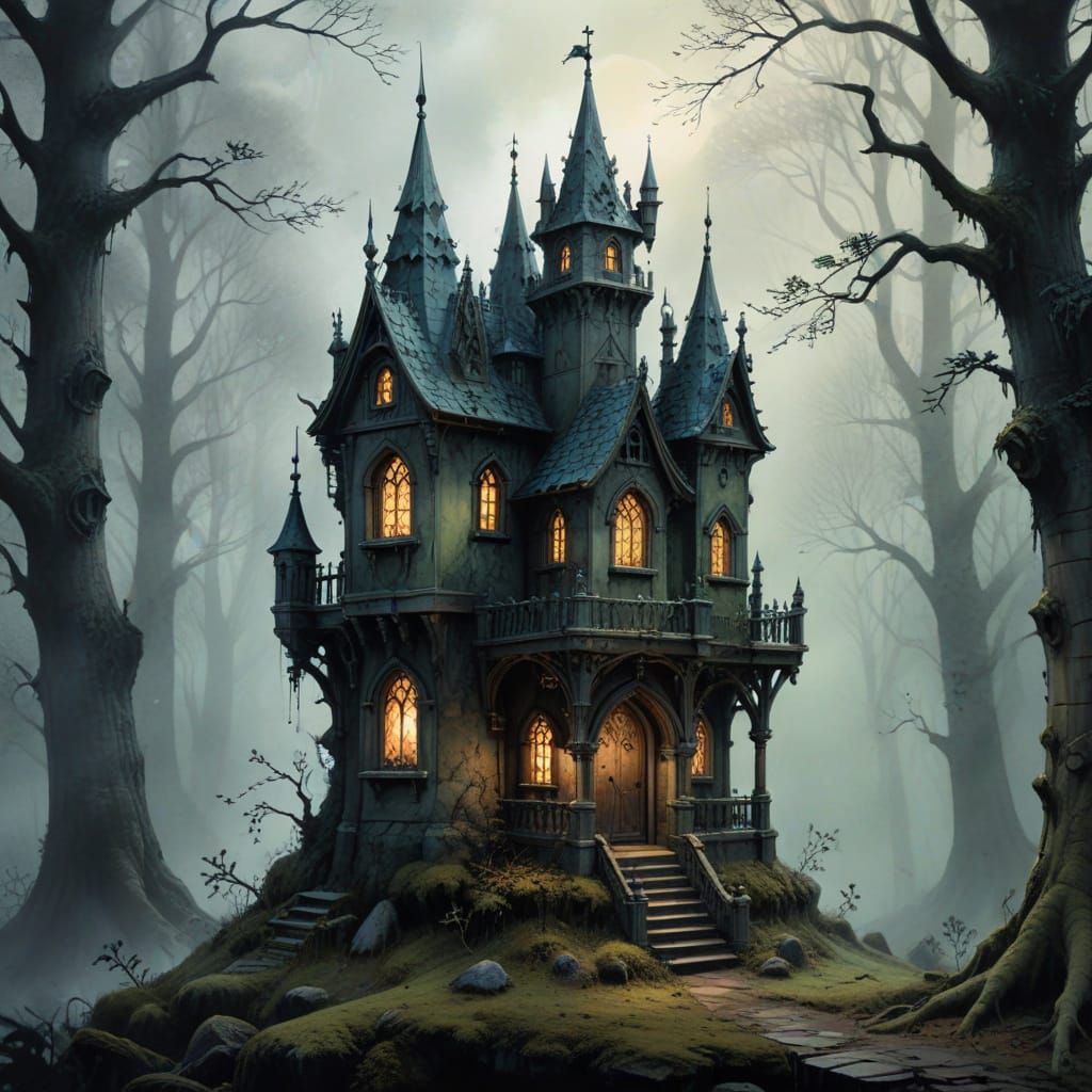 Gothic Birdhouse in Misty Forest, Rackham Style