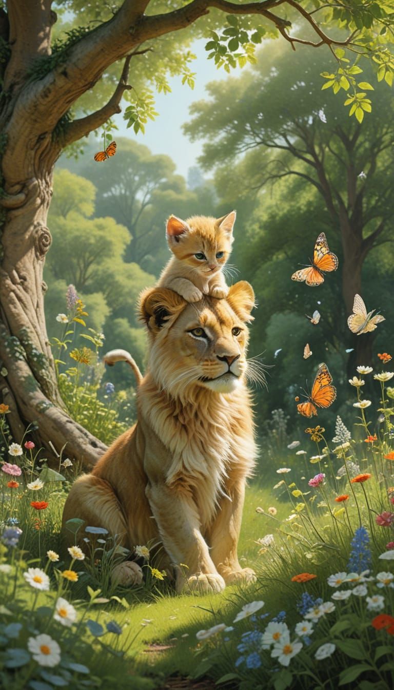 Whimsical Feline Friends in a Sunlit Meadow