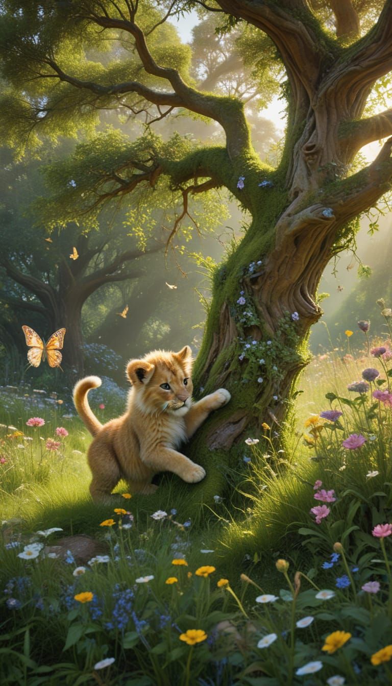 Playful Baby Lion and Kitten in Whimsical Meadow
