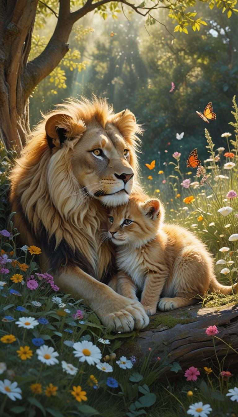 Whimsical Realism Landscape with Playful Lion and Cat