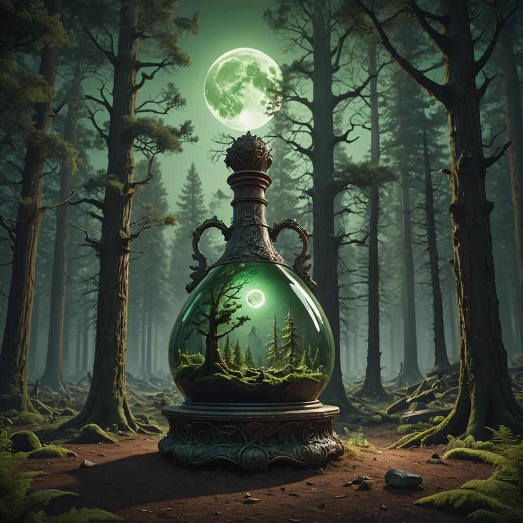 Giant Decanter Under Green Moon: Fantasy Concept Art