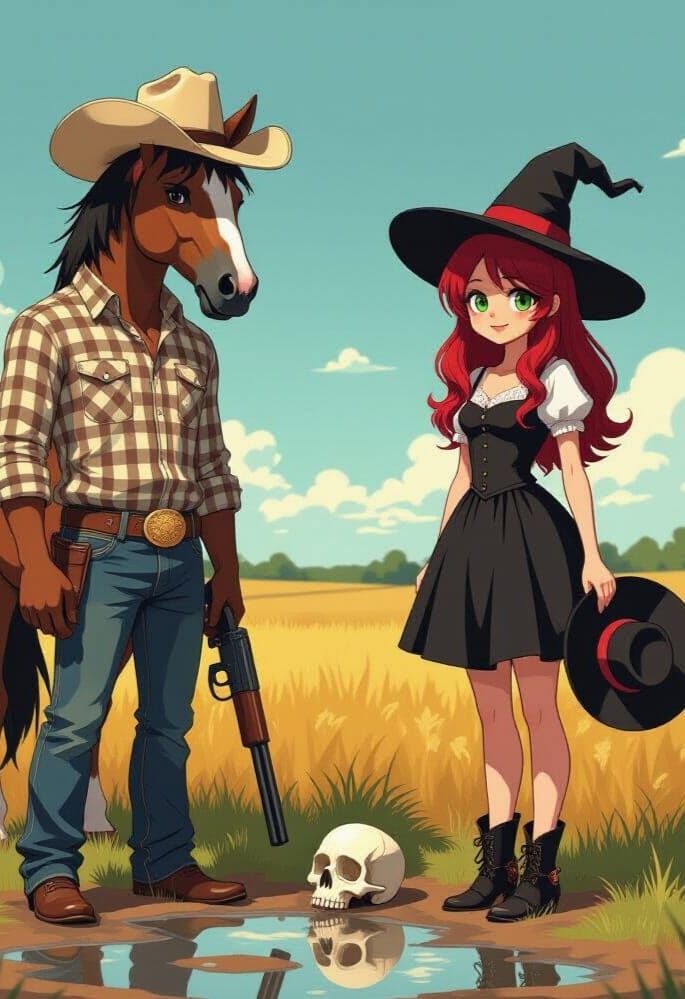 Surreal Horse-Headed Man in Anime Style