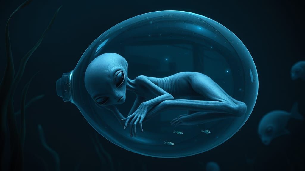 Gray Alien Sleeping in Air Bubble, Surrealist Style