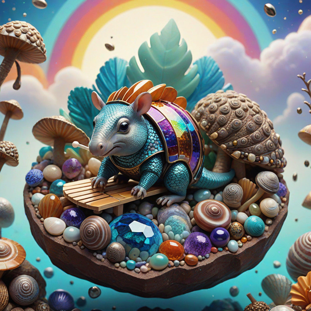 Iridescent Armadillo Plays Xylophone in a Dreamlike Geode