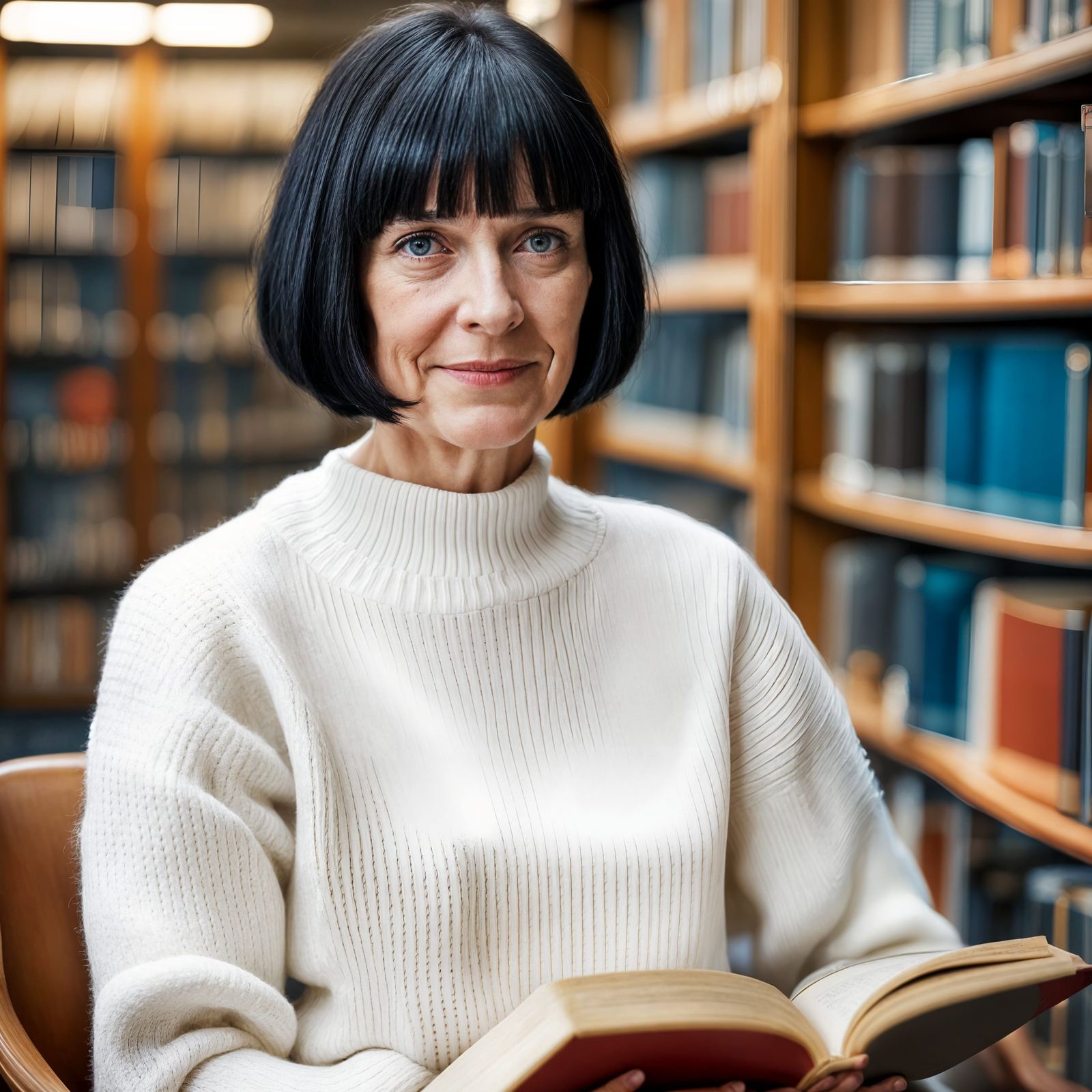Woman with Black Bob Reading in Library Portrait
