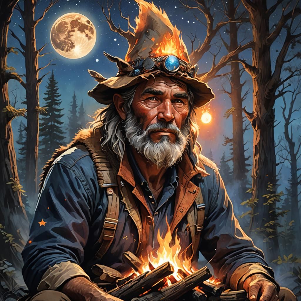 Old leathery mountain man sitting at his campfire, staring i...