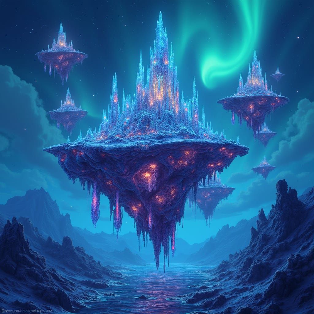 Floating Crystal Islands in Abstract Fractal Style