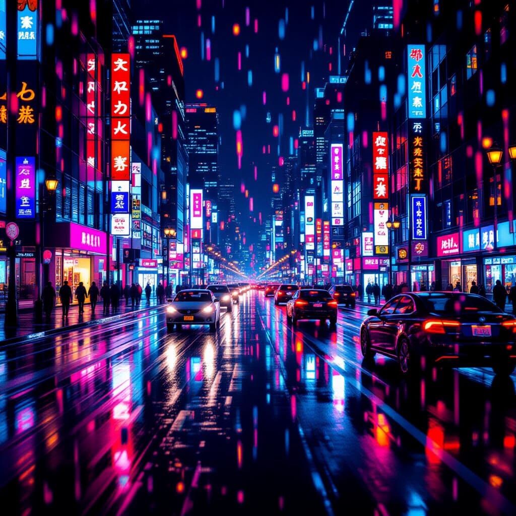 Neon Cityscape Through Rain-Streaked Window