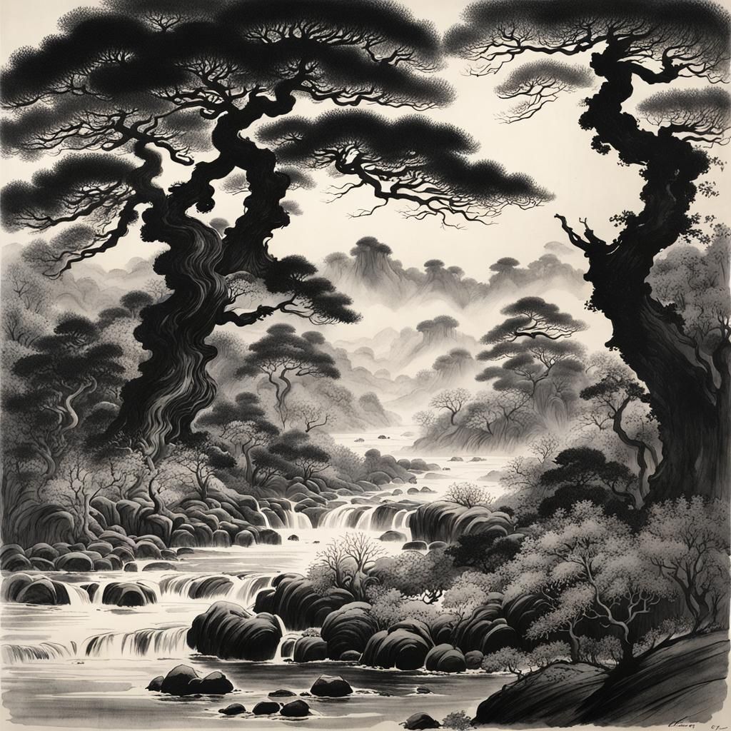 Eldritch Forest in Sumi-e Style