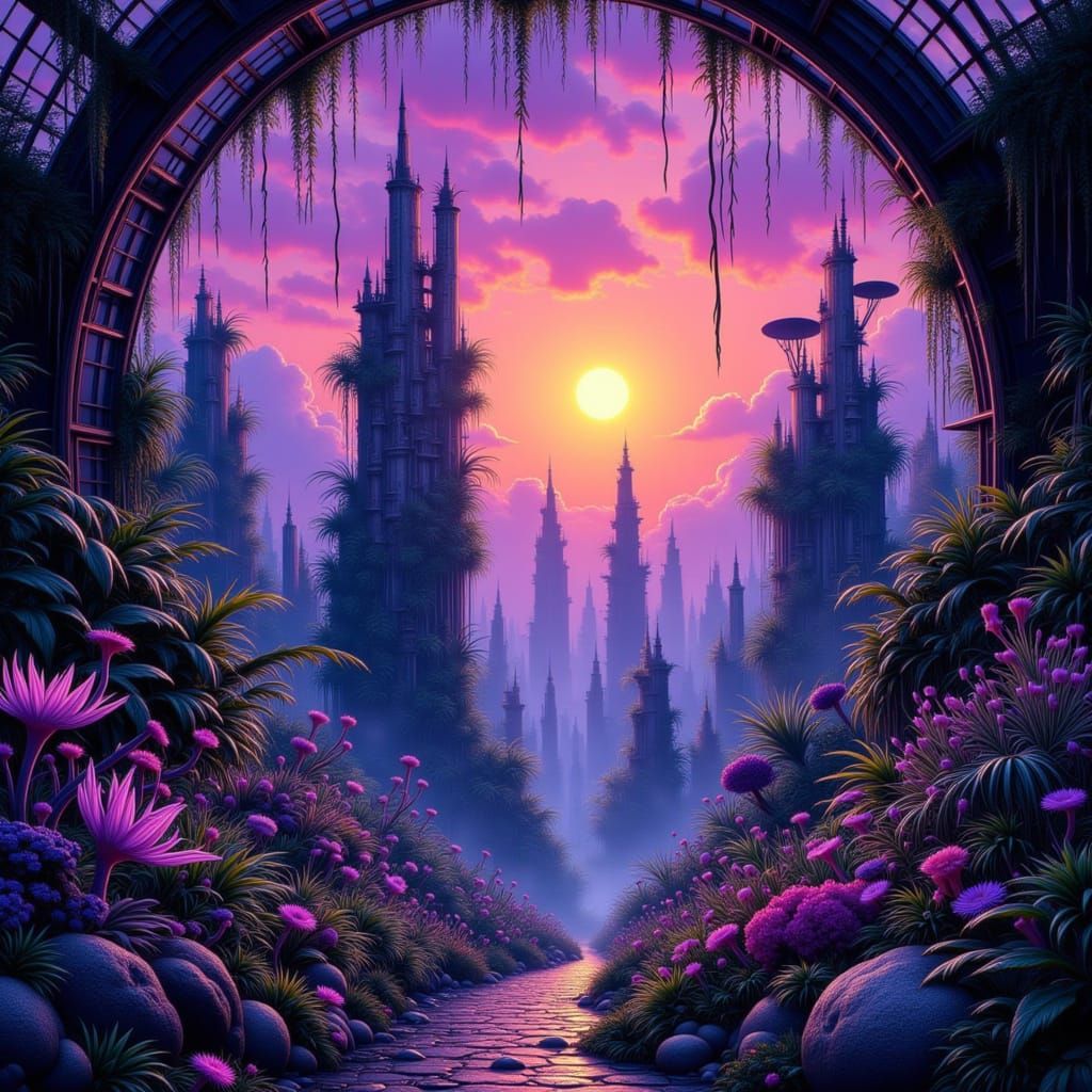 Futuristic Dome City Overtaken by Nature at Twilight