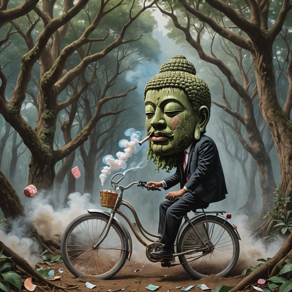 Surreal Forest Scene with Bicycle and Buddha