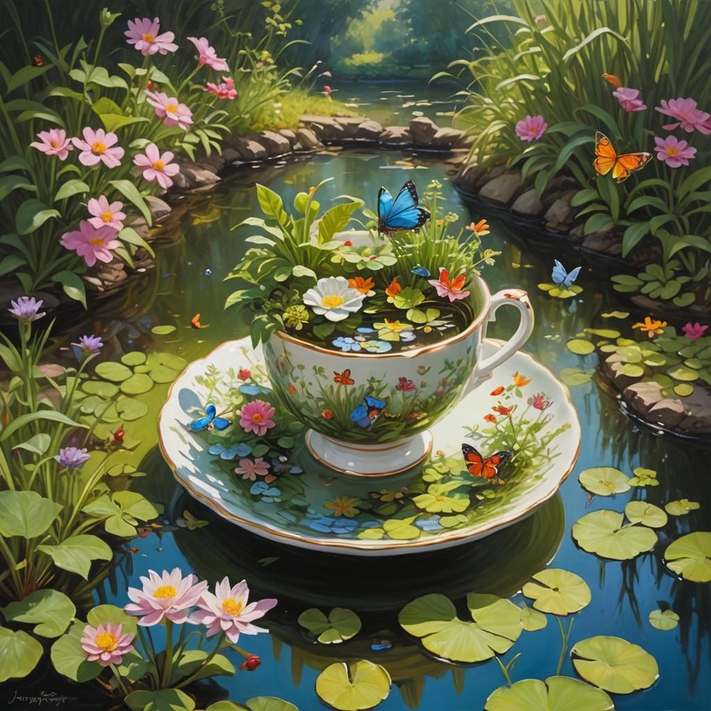 Teacup Ecosystem: Miniature World in Oil Painting Style