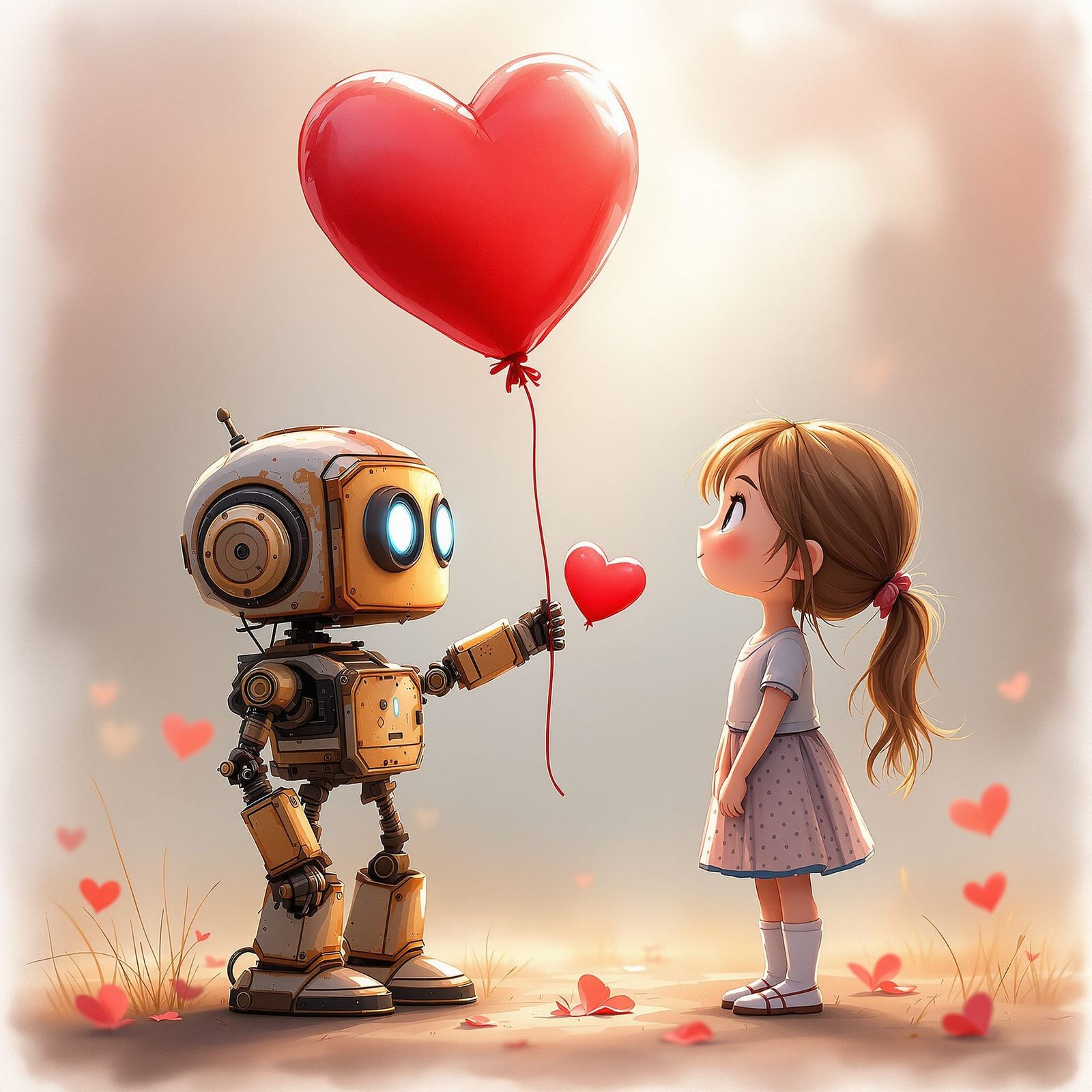 Robot Offers Balloon in Watercolor Style