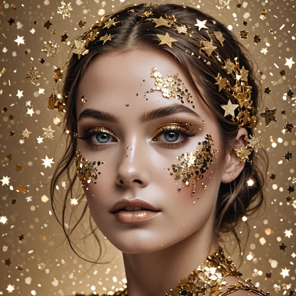 Woman with Glitter Makeup on Gold Background