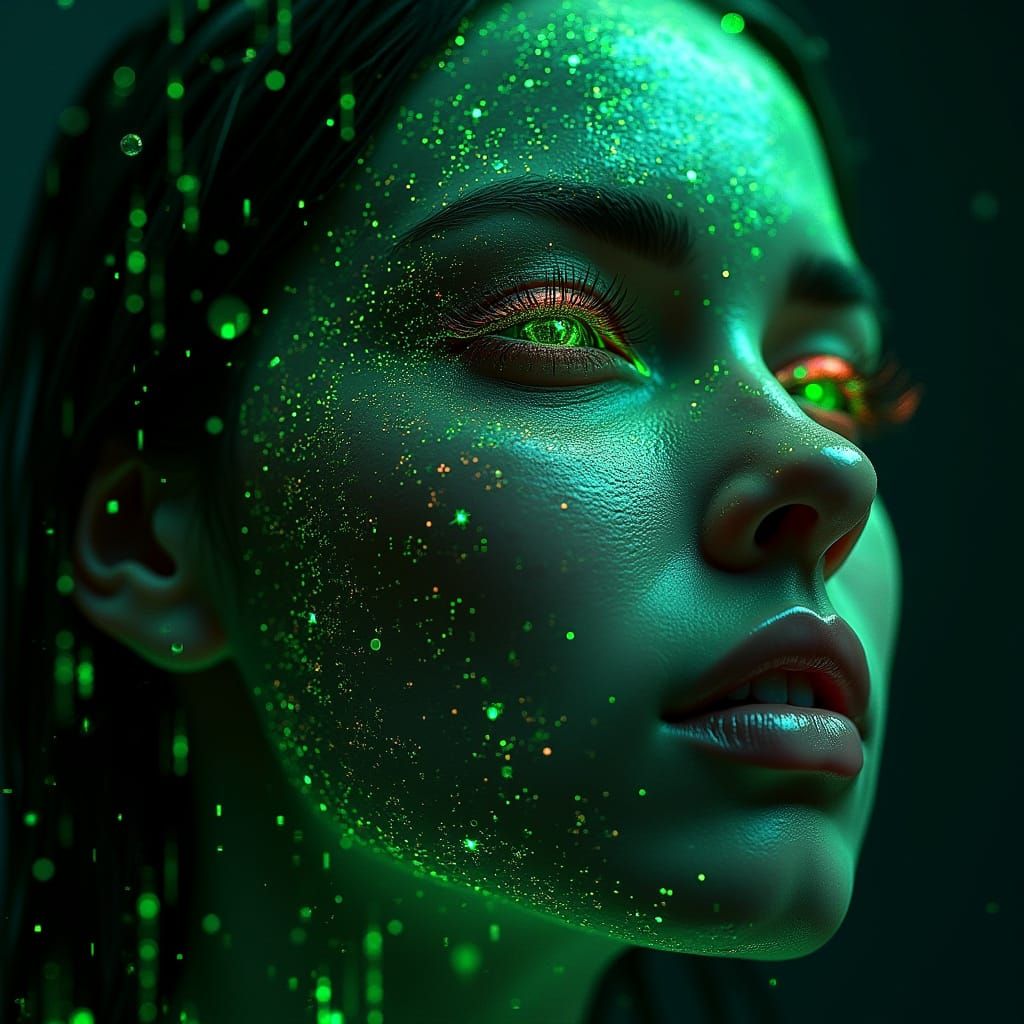 Cyberpunk Woman With Neon Green Matrix Code and Holograms