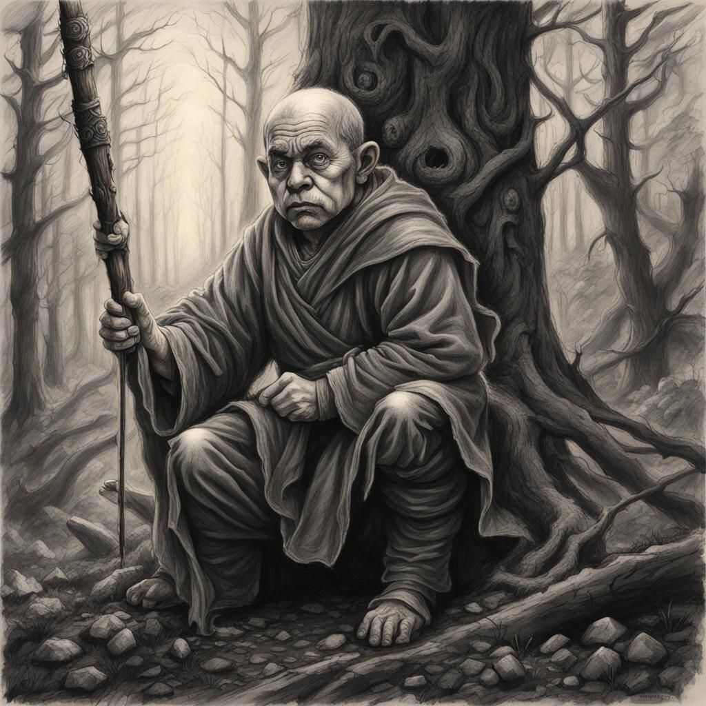 Halfling Monk in Dark Fantasy Forest: Charcoal Drawing