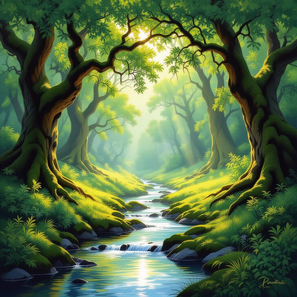 Peaceful Glade with Flowing Stream in Impressionistic Style