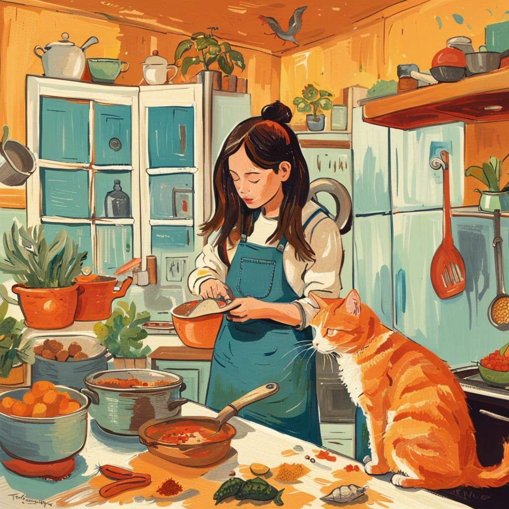 Girl Cooking Fish, Cat Watching, in Post-Impressionist Style