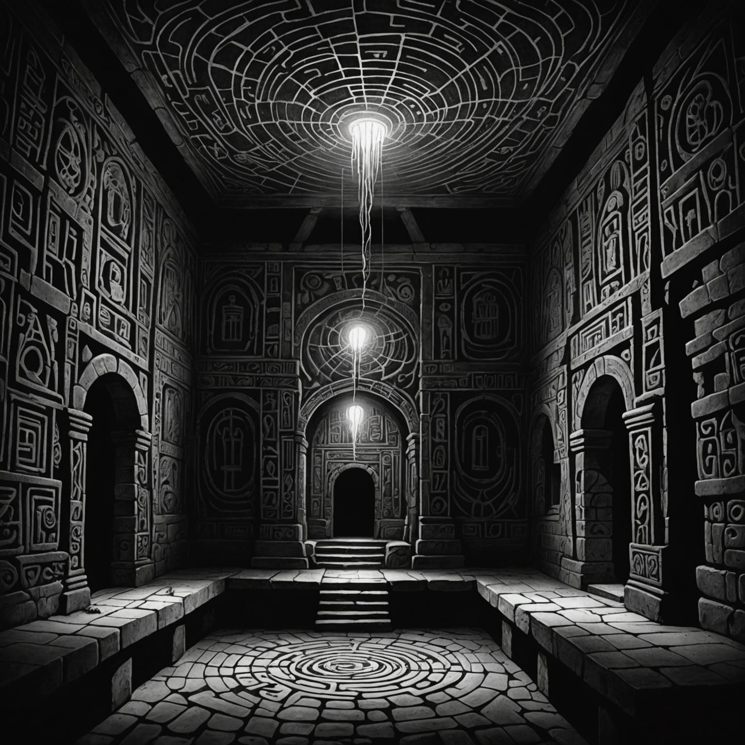 Ancient Underground Labyrinth in Black and White Ink