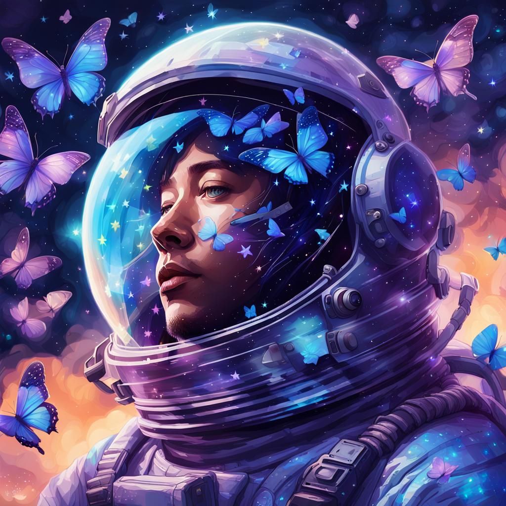 Astronaut Surrounded by Butterflies in Space
