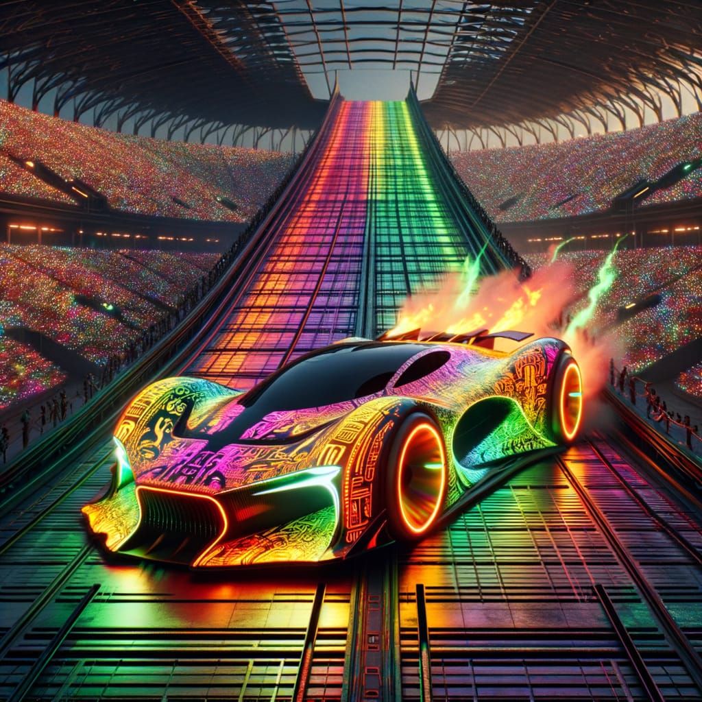 Neon Supercar Races Down Pyramid in Future Stadium